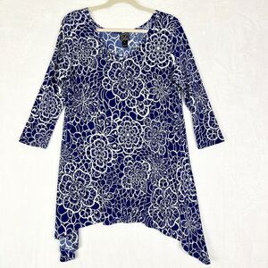 Clara Sunwoo Floral Asymmetrical Tunic Top Size Small Blue Lagenlook Slinky